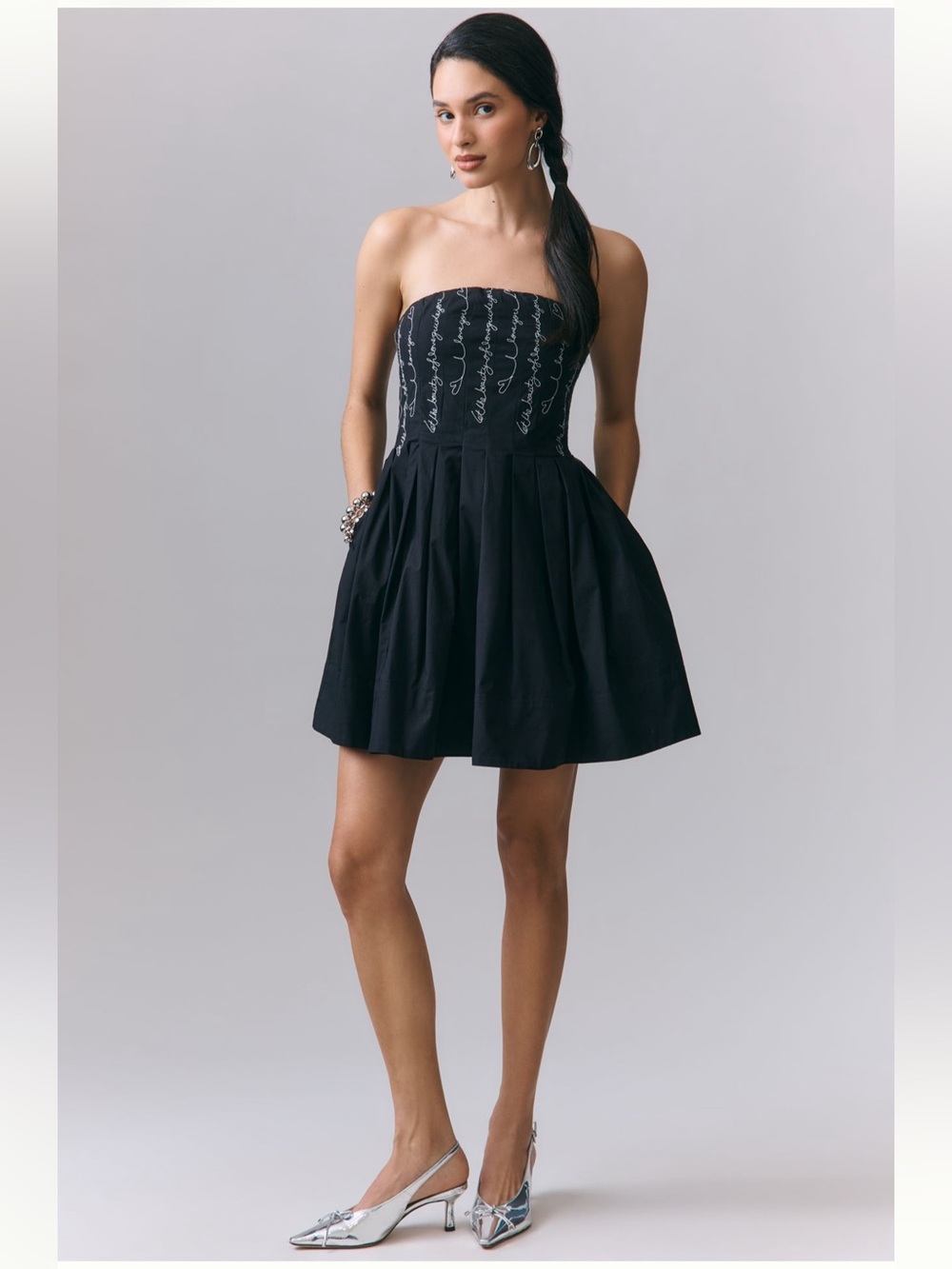 Anthropologie Dreamy Romantic Love Script Strapless Black Mini Dress NWT XS LBD
